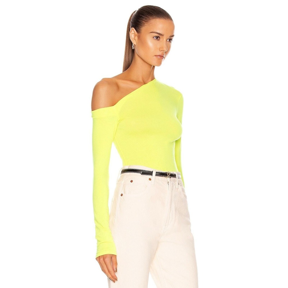 ENZA COSTA Jersey Angled One Shoulder Top Large Yellow Asymmetric Long Sleeve